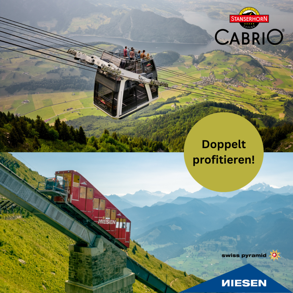 Fahrende Cabrio Bahn Stanserhorn und fahrende Standseilbahn Niesen